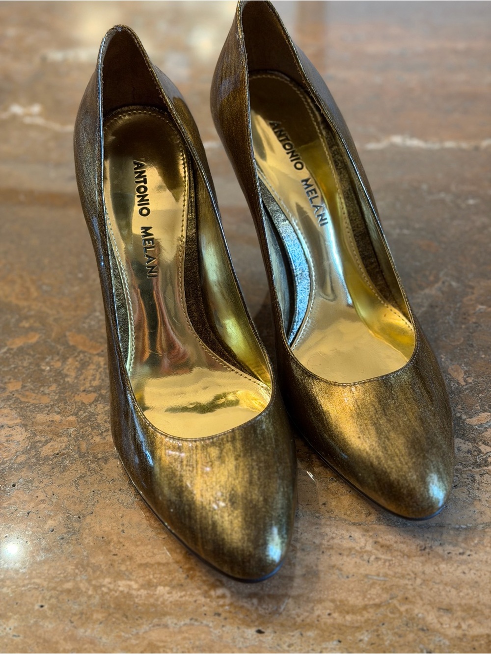 ANTONIO MELANI Metallic Bronze Gold-Tone Pointed Toe Pumps